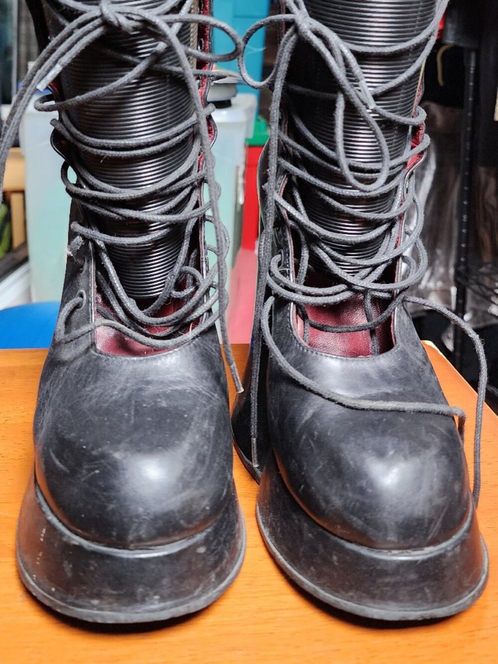 John Fluevog Grand National Lace-Up Platform Boots - Women's Size 7 - Black & Re
